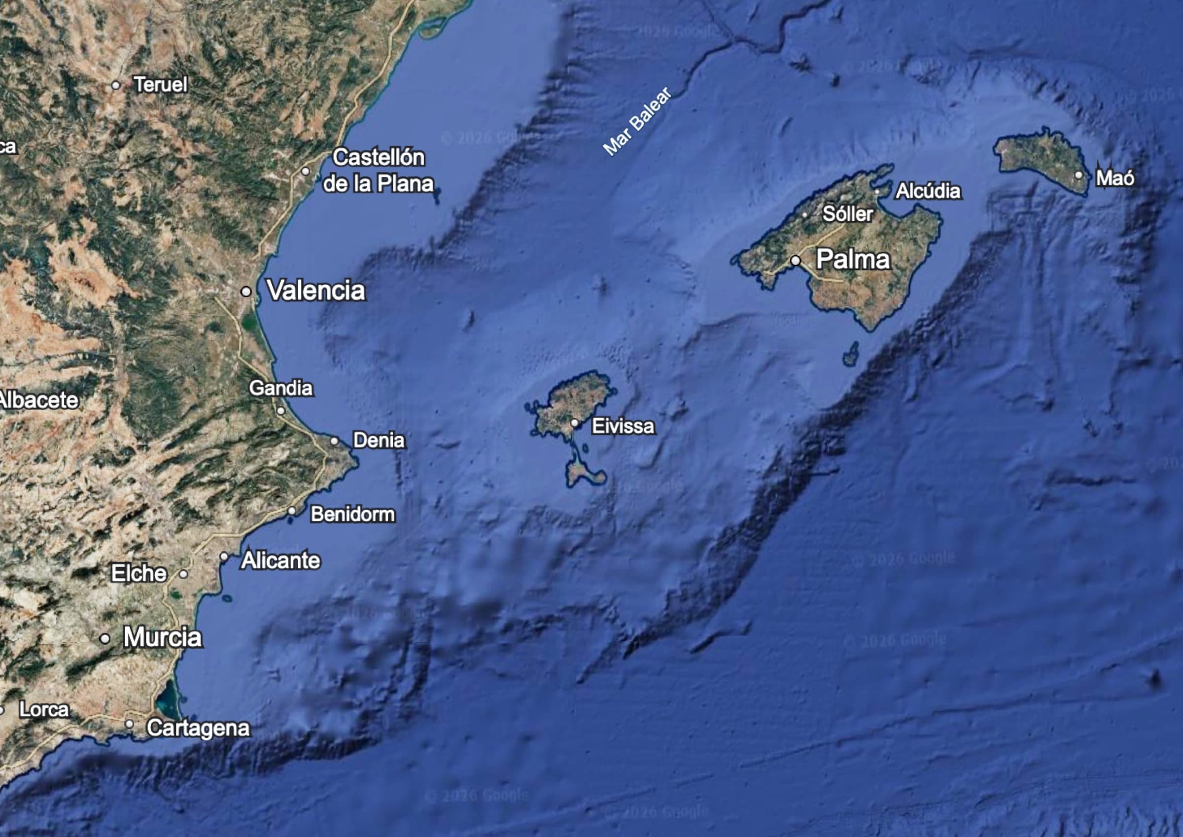 Mapa de la Comunidad Valenciana y las Islas Baleares en el Mediterráneo occidental