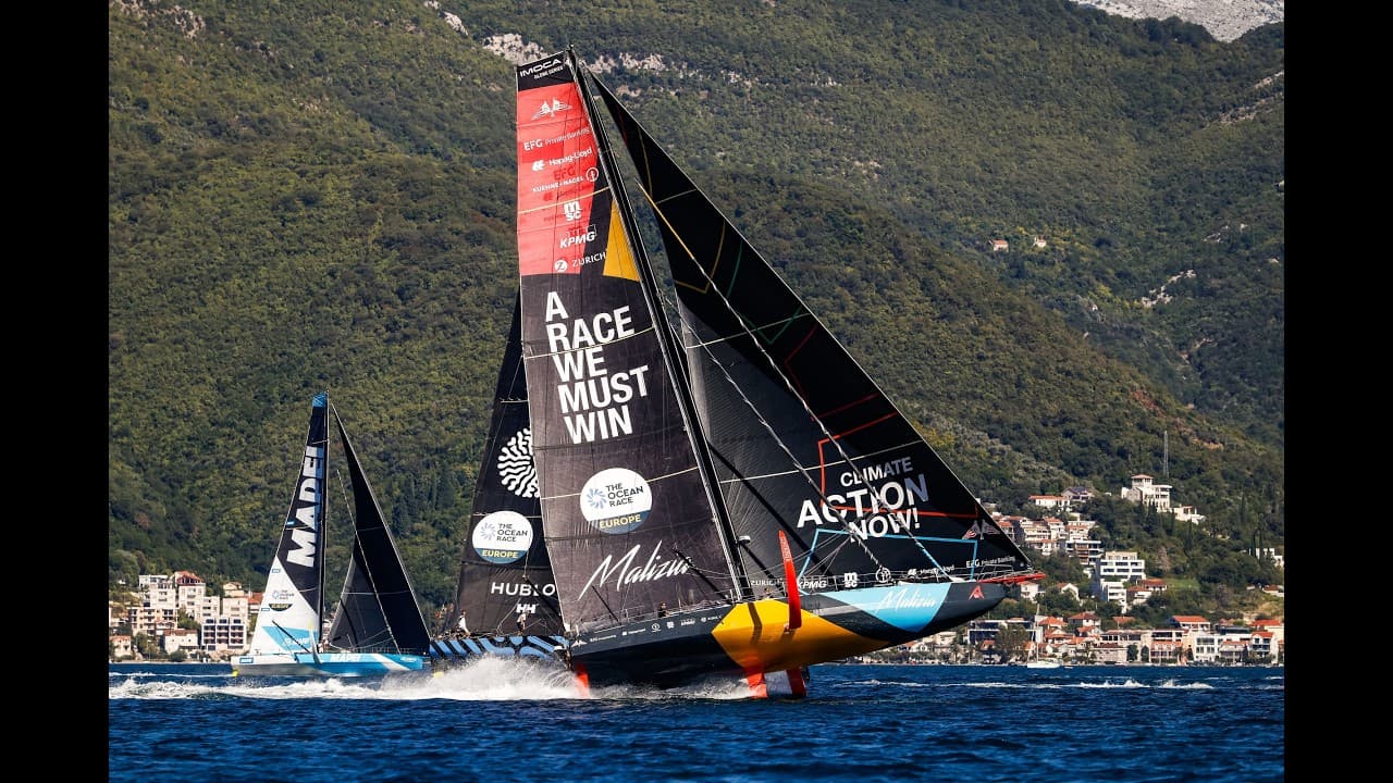 Foiling IMOCA under sail, still from the official The Ocean Race 2027 video
