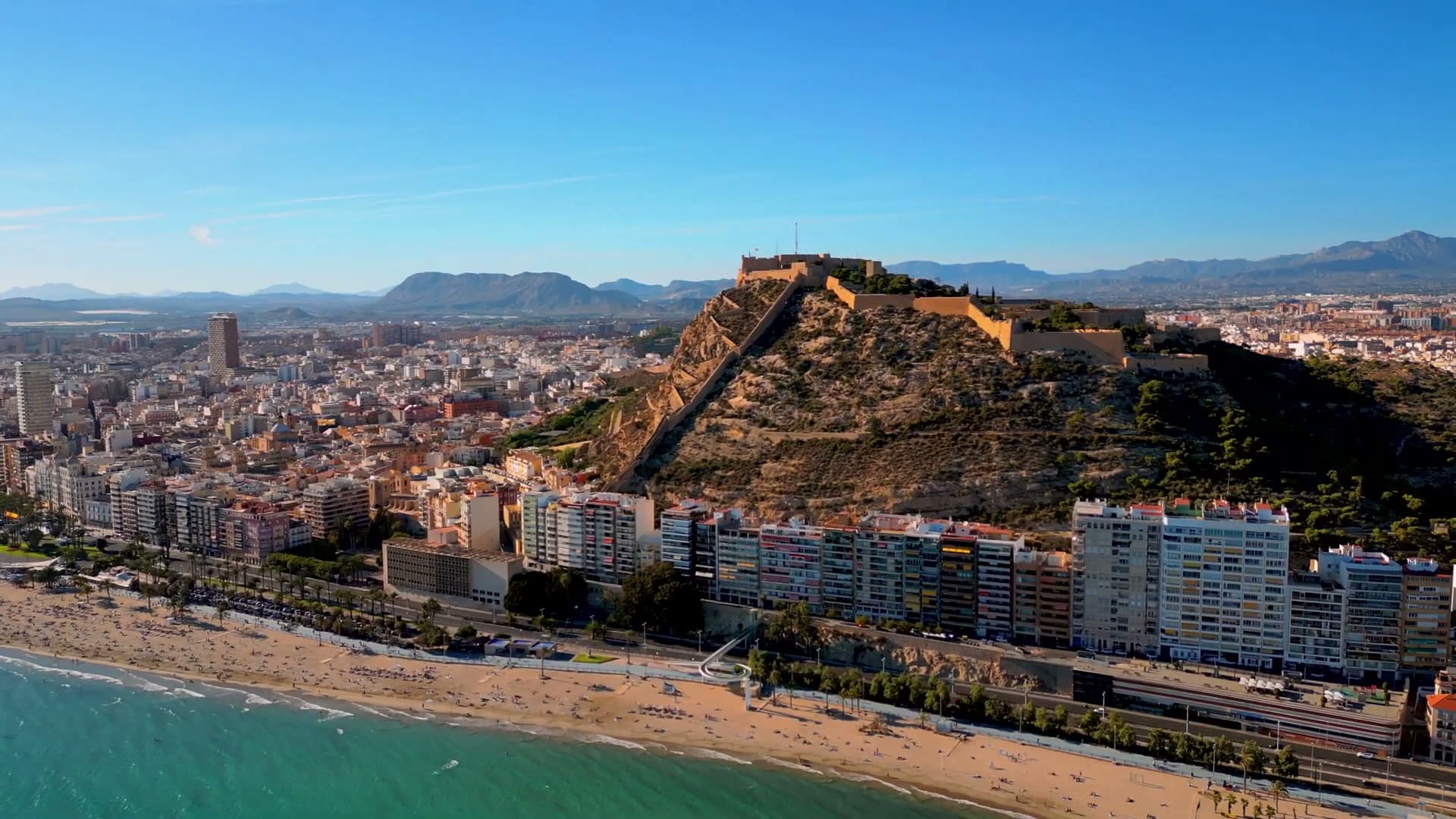 Aerial view of Alicante with Santa Bárbara castle and Postiguet beach, still from the official The Ocean Race video